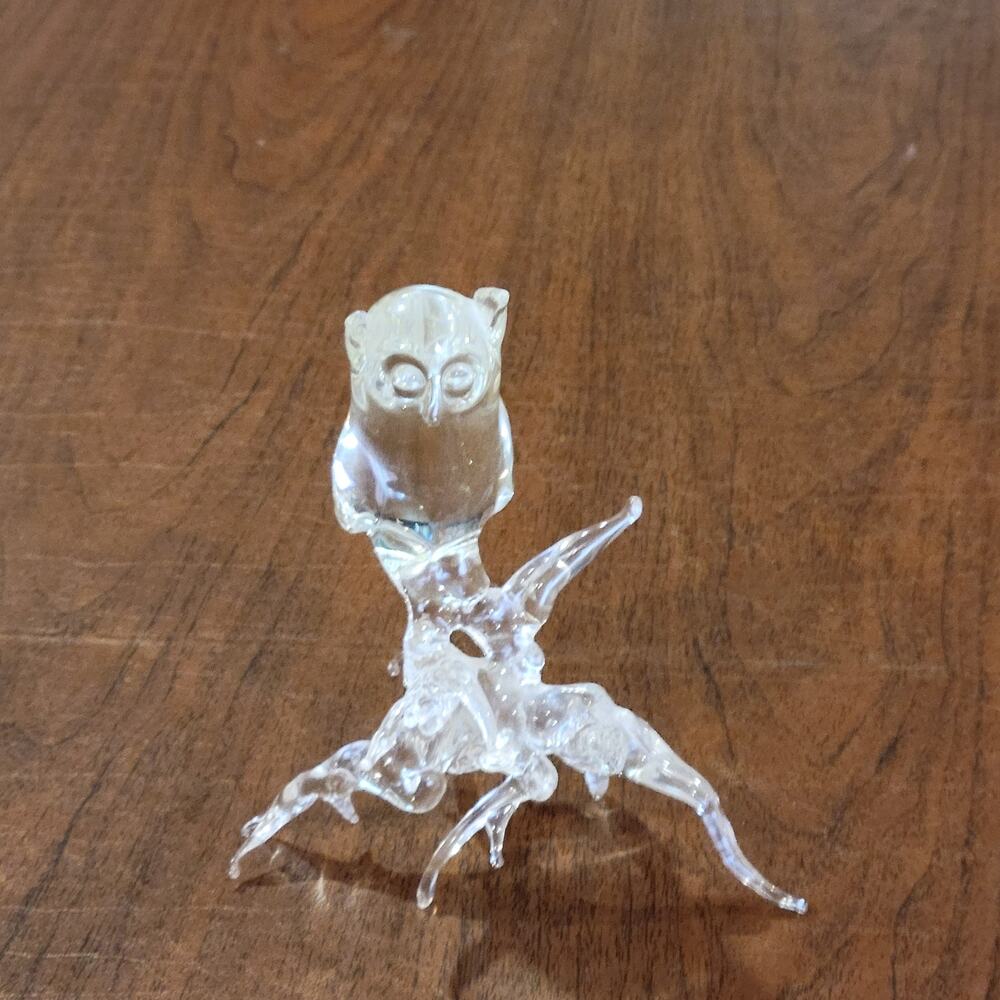 Vintage Owl on the branch Clear art glass sculpture  Michael Dorofee